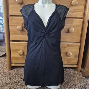 White House Black Market Sheer Mesh Chic Black V-Neck Women's Blouse Size M